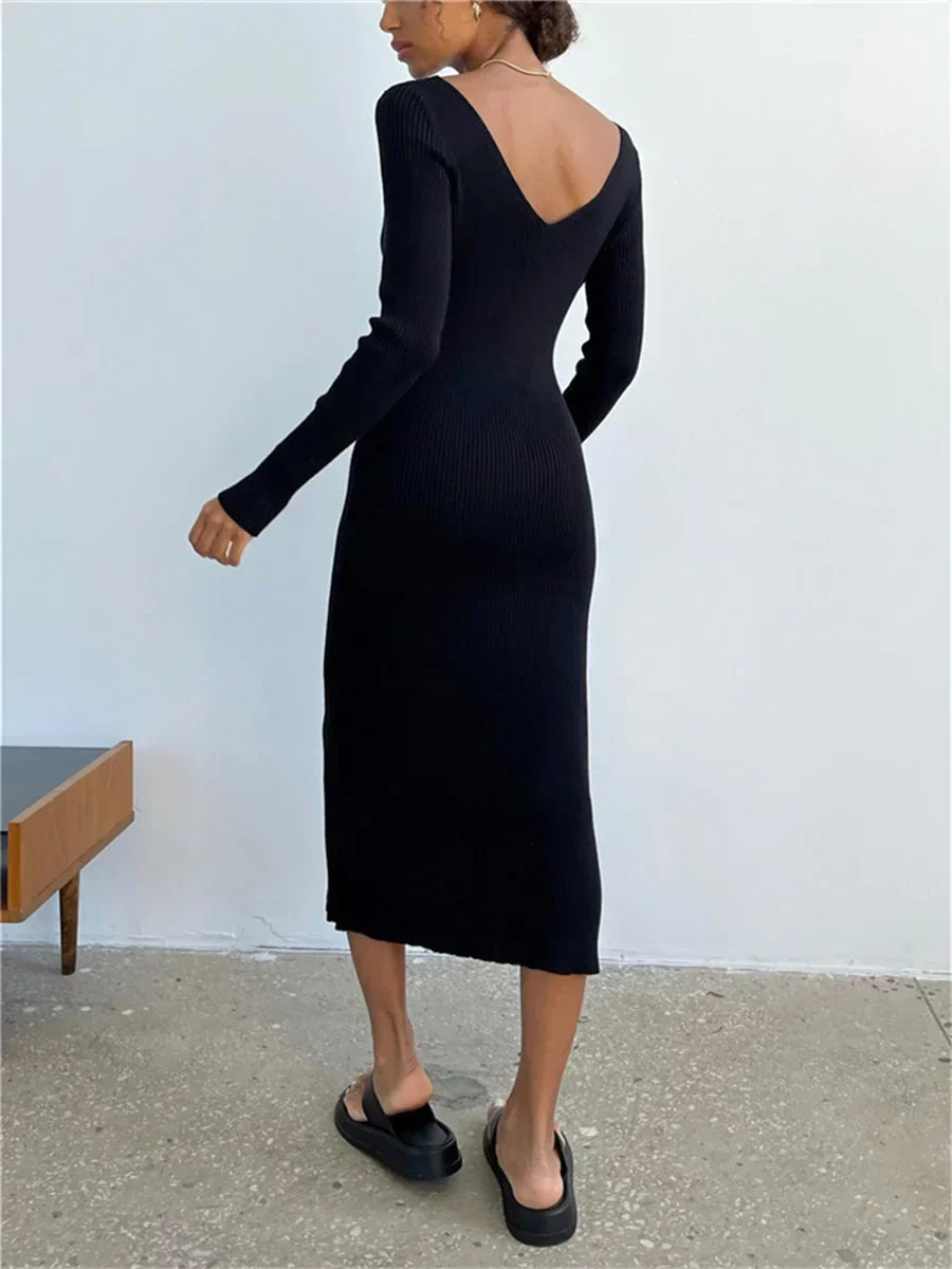 Zeitlose Eleganz – Strickripp-Midi-Bleistiftkleid