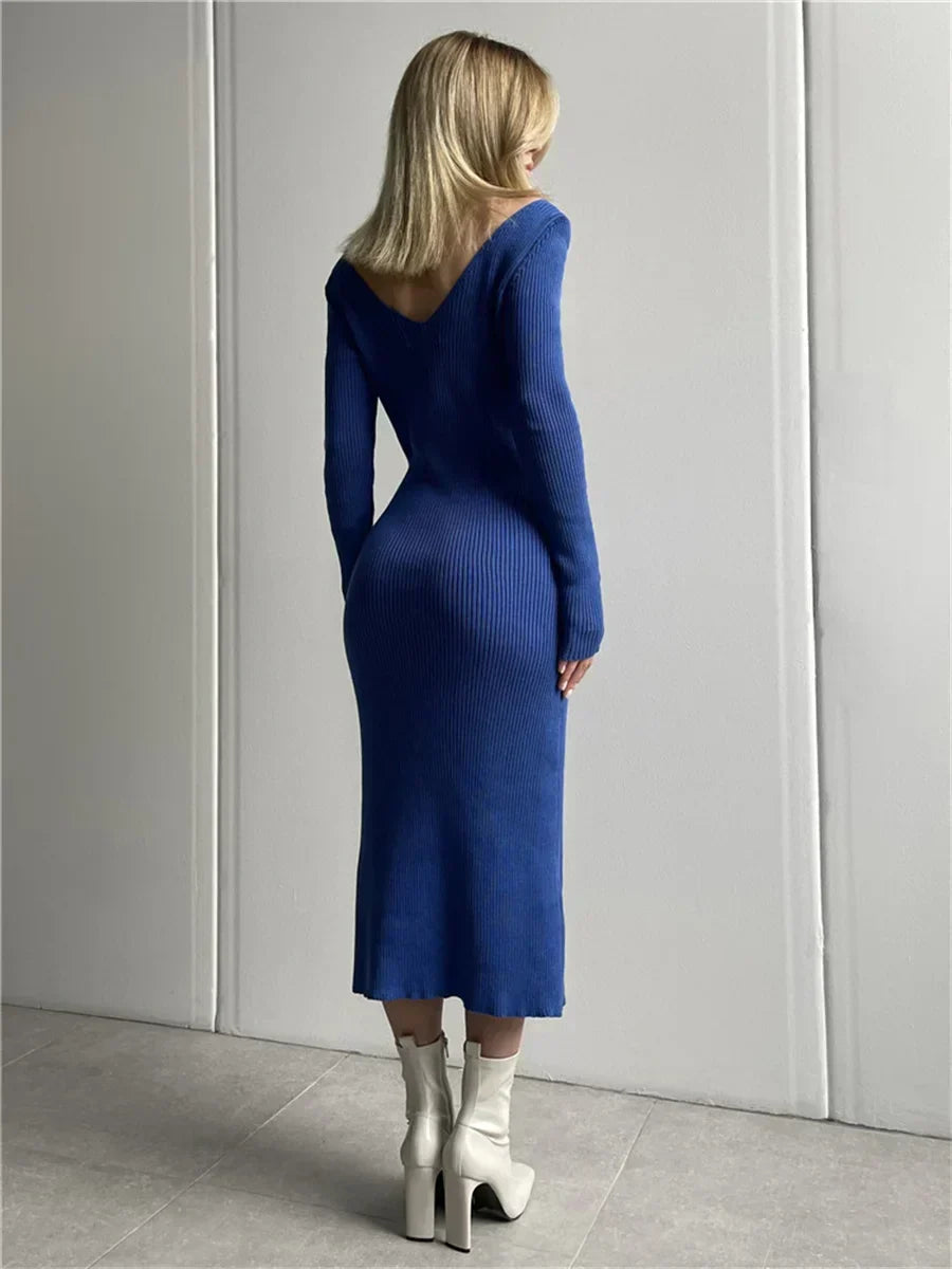 Zeitlose Eleganz – Strickripp-Midi-Bleistiftkleid