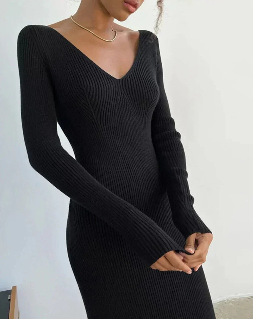 Zeitlose Eleganz – Strickripp-Midi-Bleistiftkleid