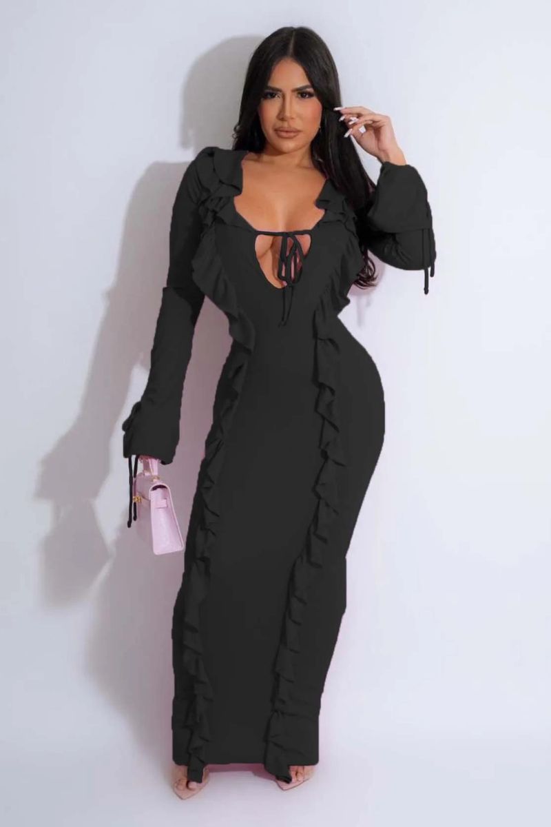 Figurbetontes, langärmliges Kleid mit Rüschen im Quallen-Design