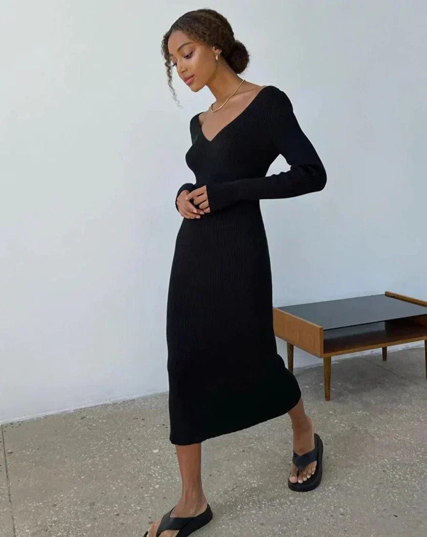 Zeitlose Eleganz – Strickripp-Midi-Bleistiftkleid